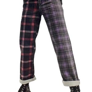 NWT The Ragged Priest Jekyl Jeans Dad Jeans In Half And Half Plaid Denim Size 24